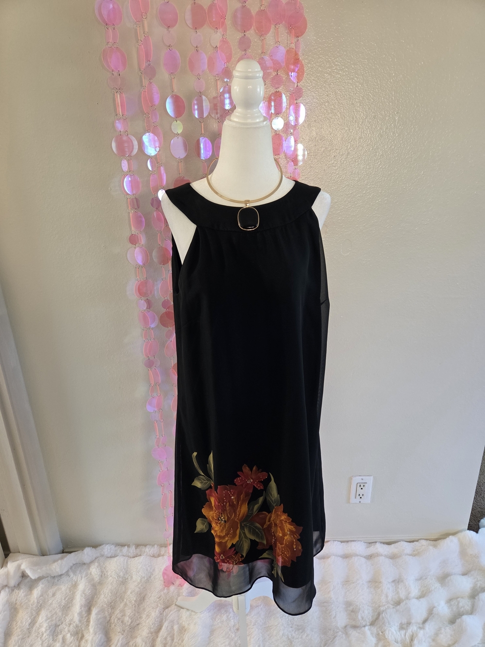J.B.S. Black Sleeveless Shift Dress with Orange Floral Hem